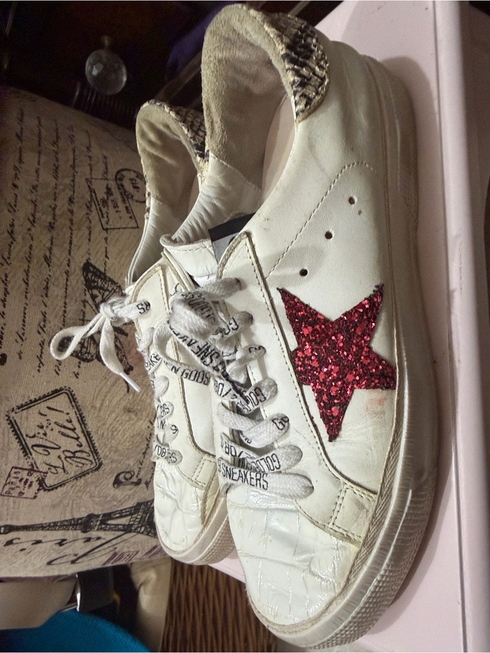 Women’s Golden Goose White Sneakers with Red Glitter Star 39
